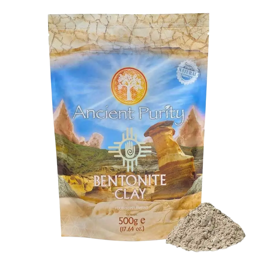 Lebensmittelqualität Bentonit-Ton in 500g, Vulkan-Ton von Ancient Purity, als Nahrungsergänzung in einer Verpackung.