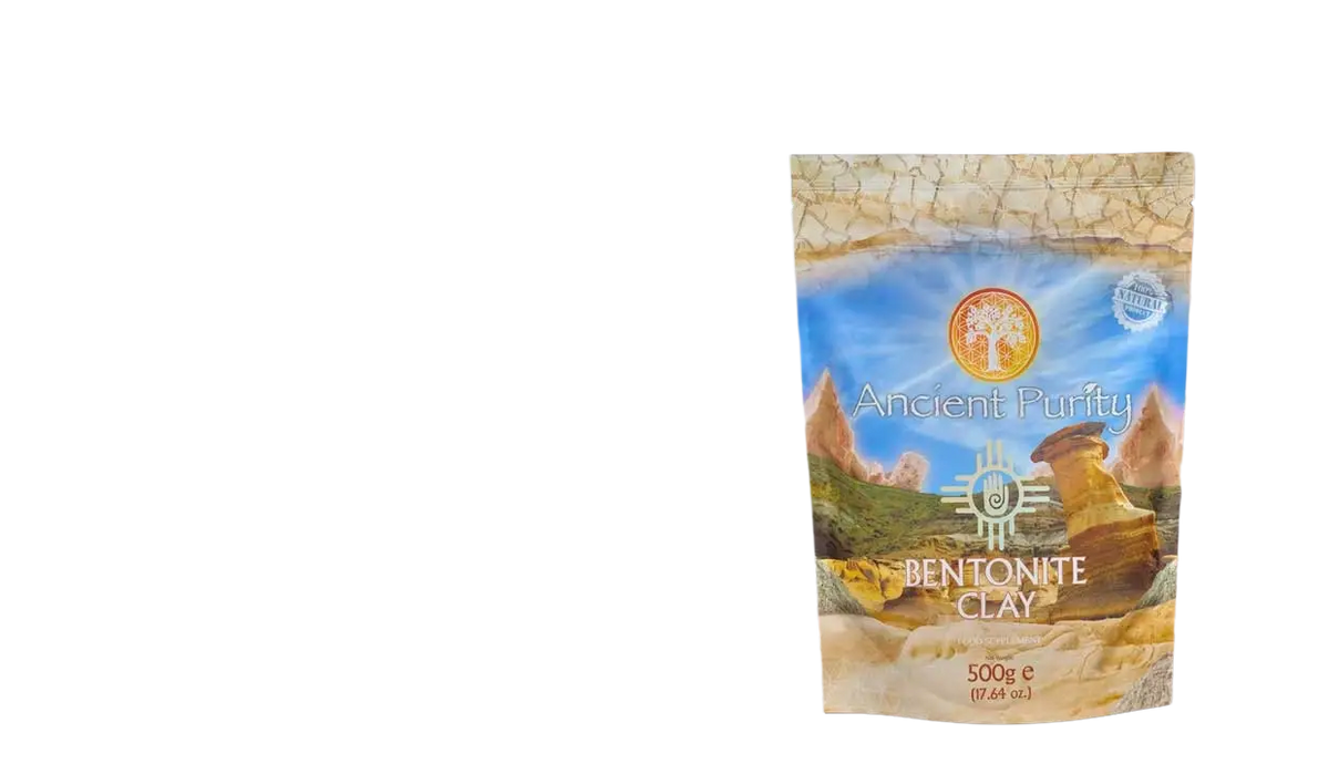 Lebensmittelqualität Bentonit-Ton in 500g von Ancient Purity, Vulkan-Ton, als Nahrungsergänzung in einer offenen Packung.