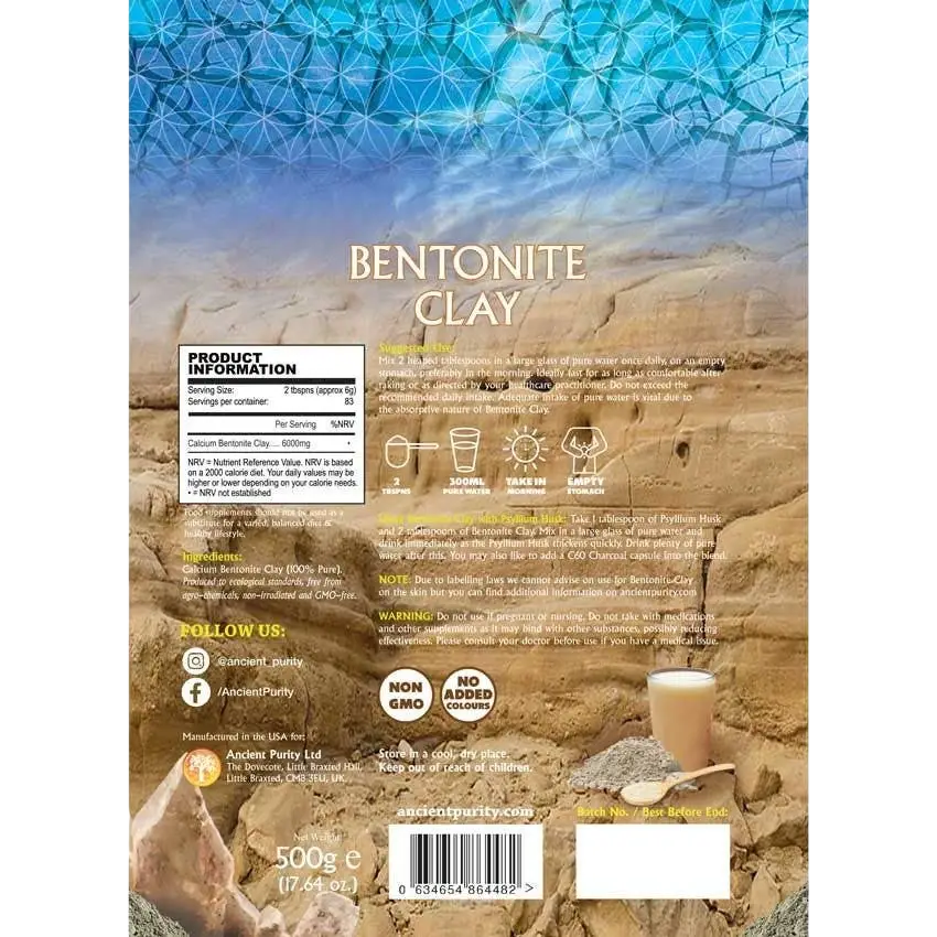 Hochwertiger Bentonit-Ton in 500g, Nahrungsergänzung, lebensmittelqualität, Vulkan-Ton von Ancient Purity, in Verpackung.