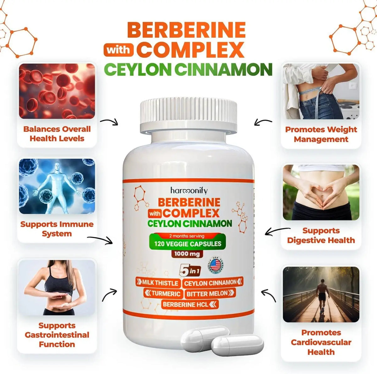 HARMONIFY Berberin Komplex 5-in-1 Nahrungsergänzung mit Ceylon-Zimt, Kurkuma und Mariendistel, 120 Kapseln