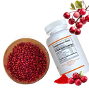 Weiße kunststoffflasche von berberin komplex 5-in-1 mit ceylon zimt und milchdistel neben roten beeren und grünen blättern