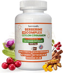 Weiße plastikflasche berberin komplex 5-in-1 mit ceylon zimt und milchdistel kapseln mit orange-grünem etikett