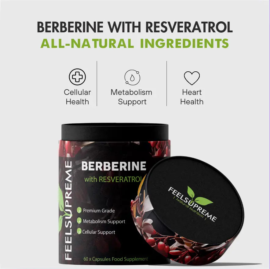 Nahrungsergänzung mit Berberin und Resveratrol von Feel Supreme, für verbesserten Stoffwechsel und Langlebigkeit.