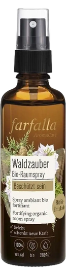 Farfalla waldzauber bio-raumspray 75 ml in bernsteinfarbenem glas mit schwarzem sprühkopf und botanischem etikett organic room spray