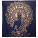 Navyblaue baumwoll-bettdecke und wandbehang mit goldenem buddha motiv als ritualtuch für meditationsräume