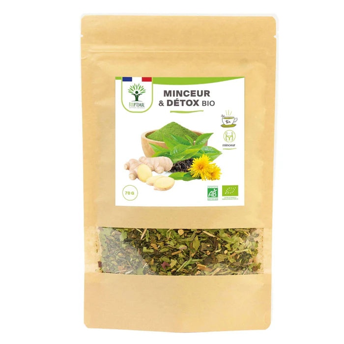 Bio Minceur & Détox Tee in einer Kraftpapier-Packung mit Kräutern.