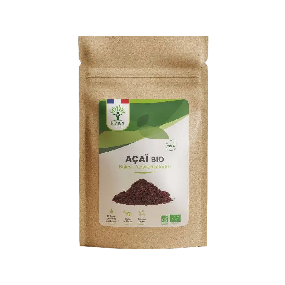 Bio-Acai-Pulver von Bioptimal, vegane Nahrungsergänzung in brauner 150-g-Box, zeigt das Pulver in einer Packung.