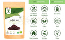 Eine beige pouch mit biooptimal organic acai pulver in grün weißer beschriftung und dunklem pulver superfood mit pflanzenbasiertes protein