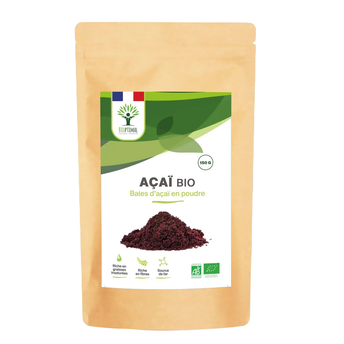 Vegan Bio-Acai-Pulver von Bioptimal in brauner, verschließbarer Verpackung, als Nahrungsergänzung für gesunde Ernährung