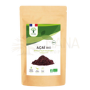 Ein beige resealable pouch bio acai pulver vegan mit grün weißem label und französischer flagge superfood mit pflanzenbasiertes protein