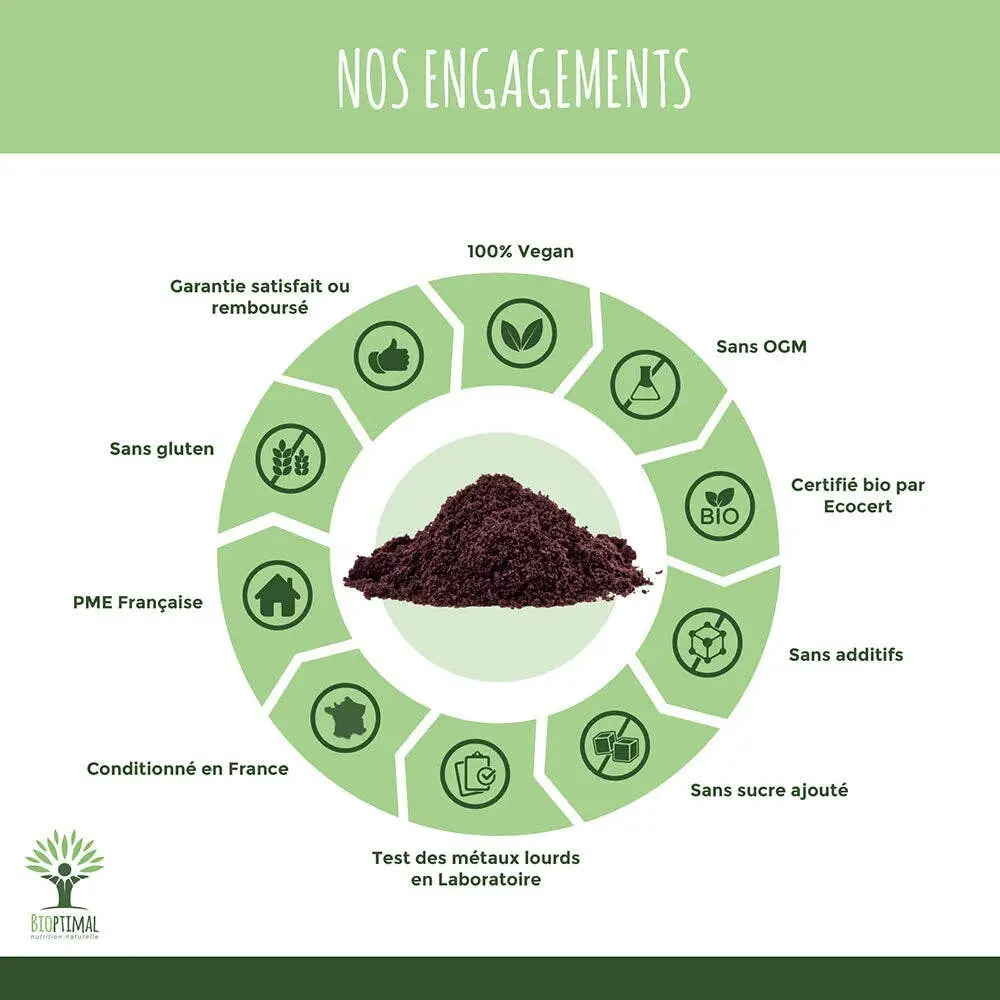 Bio-Acai-Pulver von Bioptimal, vegane Nahrungsergänzung, dunkelbraunes, fein gemahlenes Acai Pulver in Bild.