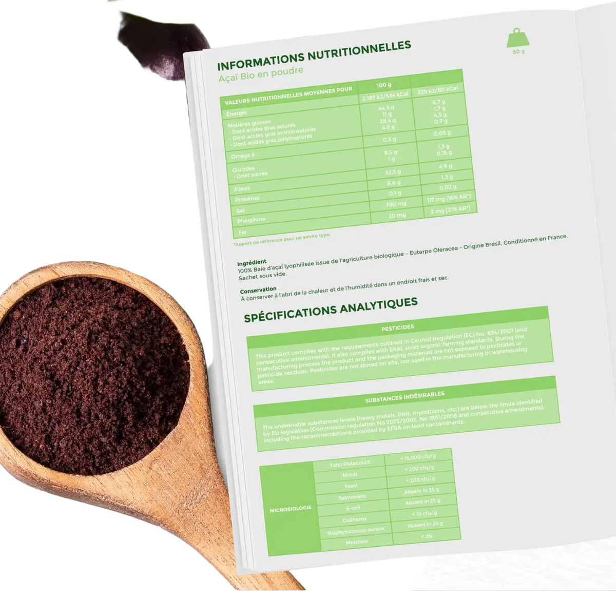 Vegan Bio-Acai-Pulver von Bioptimal in dunkle violette Farbe, hochwertiges Nahrungsergänzungsmittel, feines Pulver in Packung