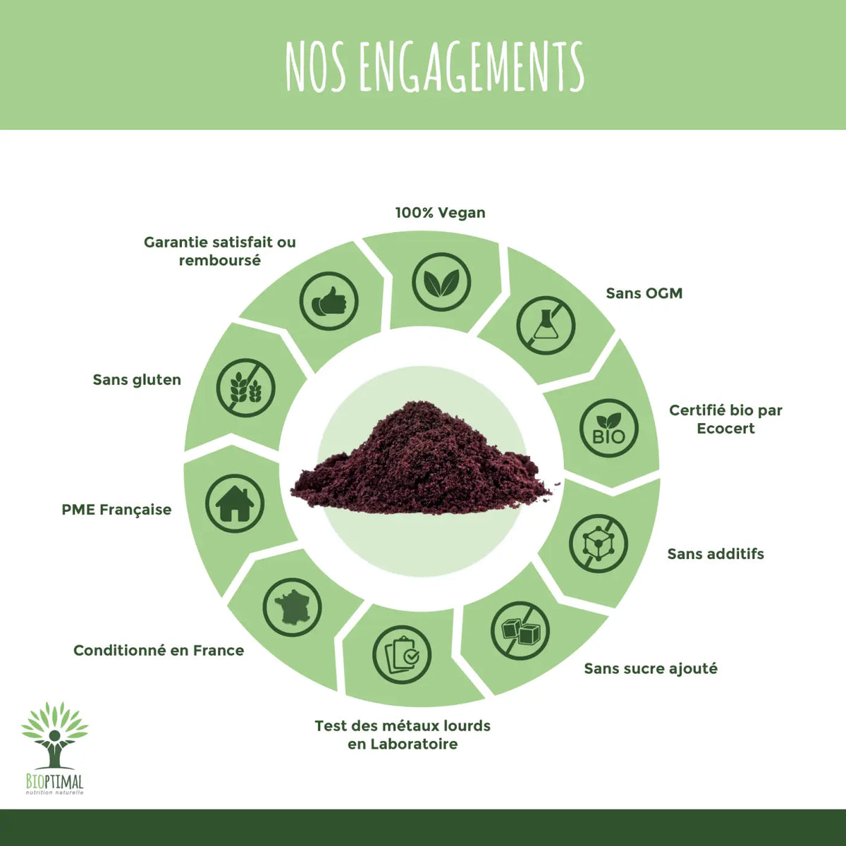 Vegan Bio-Acai-Pulver von Bioptimal, feines, dunkviolettes Nahrungsergänzungspulver in Hügelform.