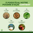 Infografik mit grünem hintergrund zeigt bio-acai-pulver vegan als superfood mit pflanzenbasiertem protein und organischen zutaten