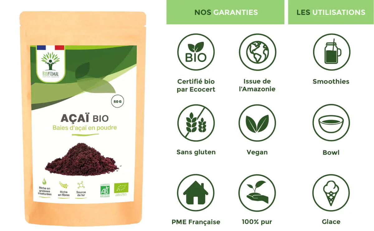Vegan Bio-Acai-Pulver von Bioptimal, kraftvolles violettes Superfood in Pulverform für Nahrungsergänzung