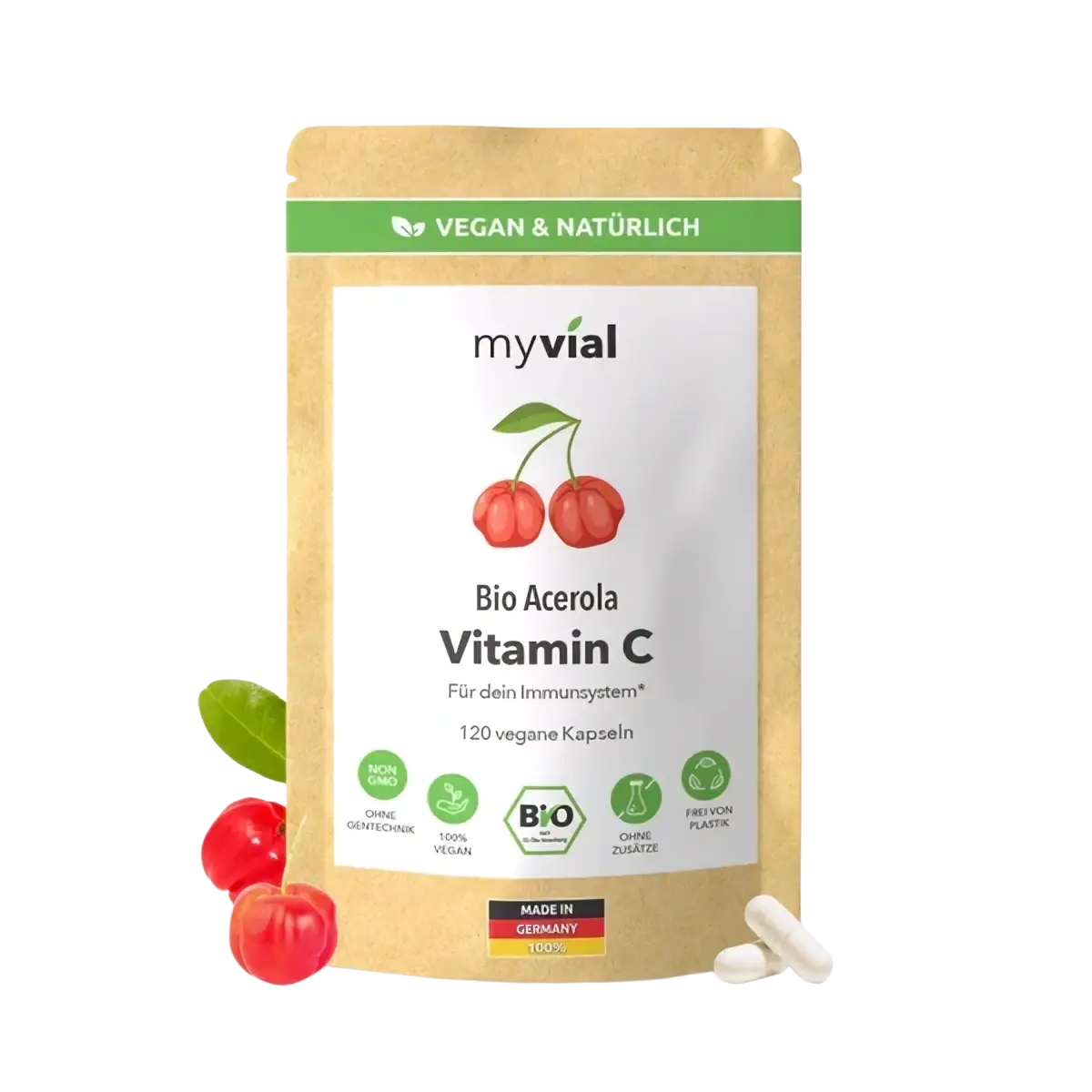 myvial Bio Acerola Vitamin C Nahrungsergänzungsmittel mit 120 Kapseln, natürliches Vitamin C für Immunsystem und Wohlbefinden