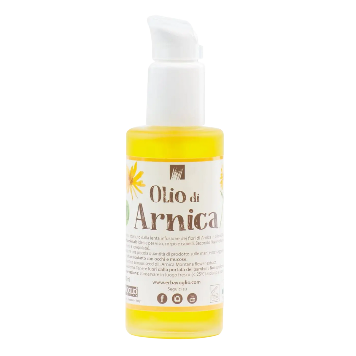 Bio-Arnikaöl von Erbavoglio, 100 ml, Massageöl gegen Muskelermüdung, Hautverletzungen und für die Hautpflege.