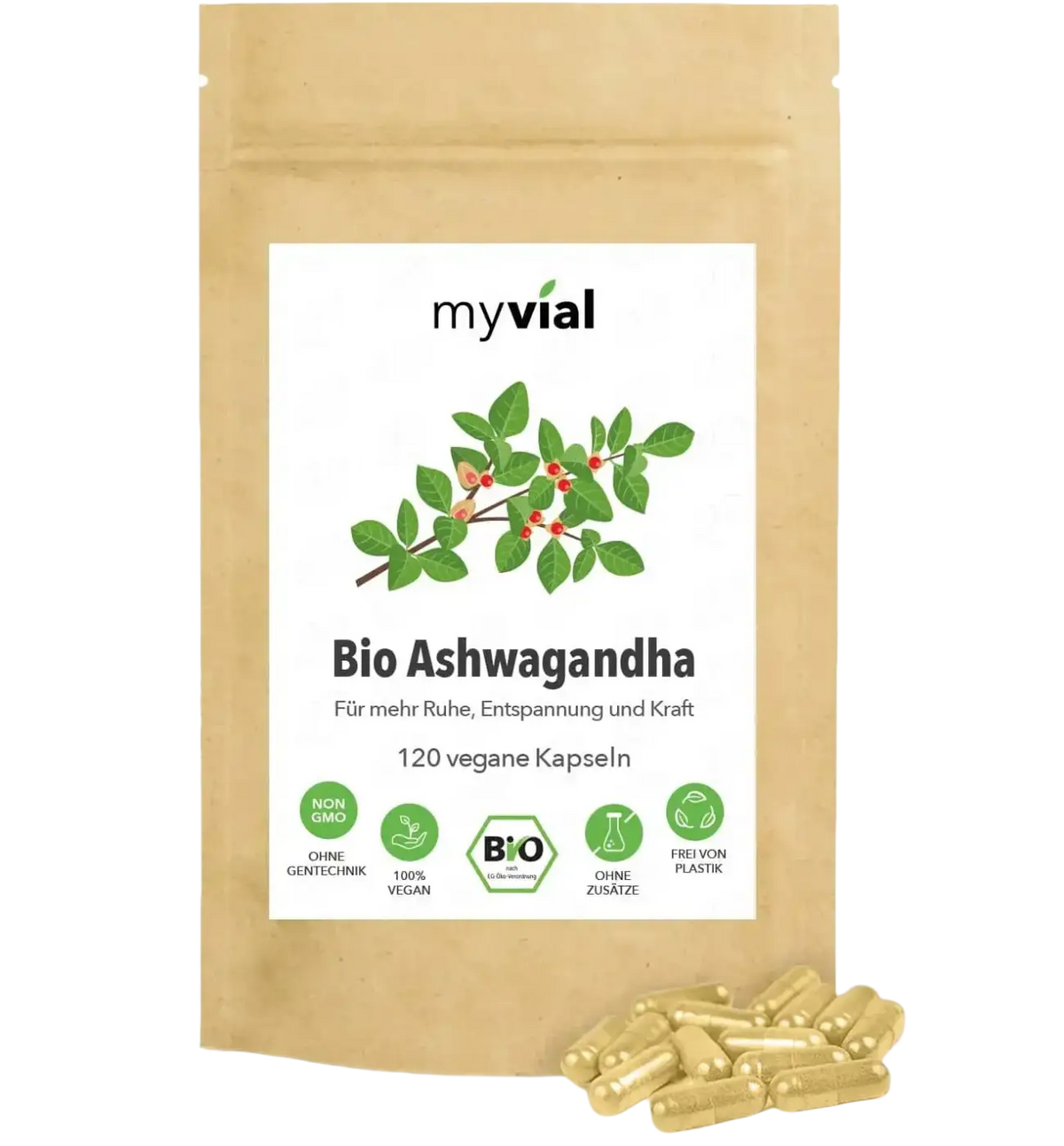 Bio Ashwagandha Kapseln von myvial, vegane Nahrungsergänzung, 120 Stück, 1200 mg für mehr Energie und Wohlbefinden.