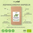 Braune nachfüllbare myvial bio ashwagandha kapseln packung mit 120 veganen kapseln 1200 mg withania somnifera