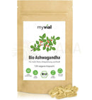 Braune wiederverschließbare pouch mit myvial bio ashwagandha kapseln 120 vegane kapseln mit bio ashwagandha kapseln