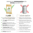 Ein tan farbiger papiertütchen myvial mit bio ashwagandha kapseln aus organic ashwagandha root powder and withania somnifera