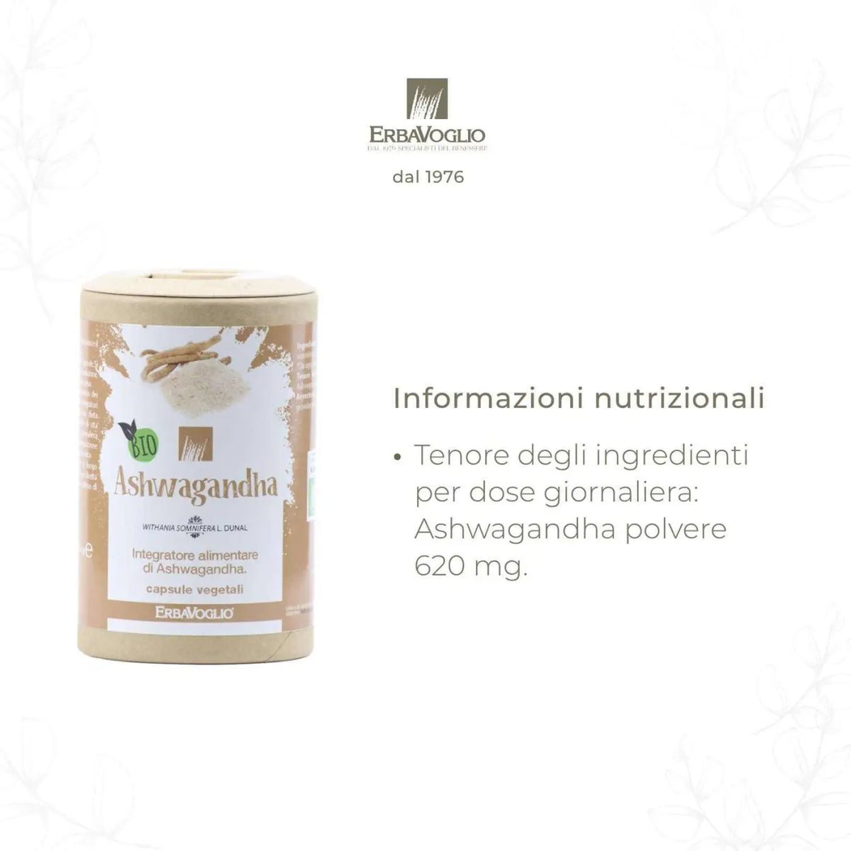 Veganer Bio-Ashwagandha-Kapseln von Erbavoglio, natürliche Nahrungsergänzung in einer offenen Packung.