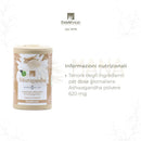 Eine beige zylindrische dose erbavoglio bio-ashwagandha-kapseln mit weißem etiket und organischem zertifikat für entspannung und natürliche vitalität