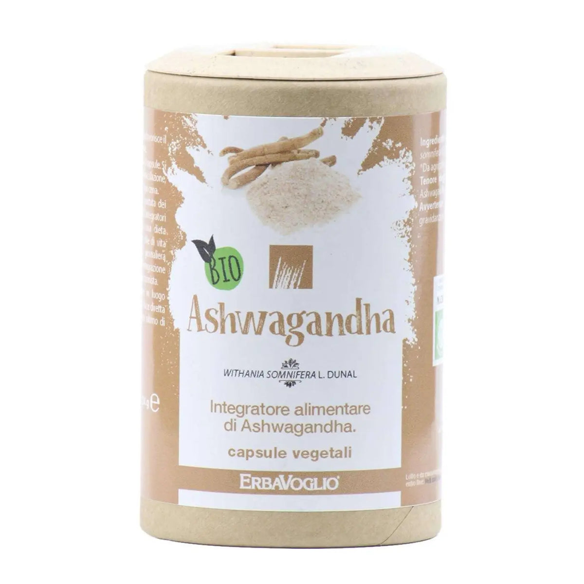Vegan Bio-Ashwagandha-Kapseln von Erbavoglio, natürliche Nahrungsergänzung, zeigt die Kapseln in einer offenen Verpackung.