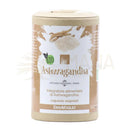 Ein zylindrischer brauner papprbehälter mit bio ashwagandha kapseln in goldener schrift für entspannung und vegan