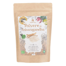 Bio-Ashwagandha-Pulver von Erbavoglio, 250g, in einer offenen Packung, zeigt das braune Pulver für Stress, Ausdauer und Schlaf.