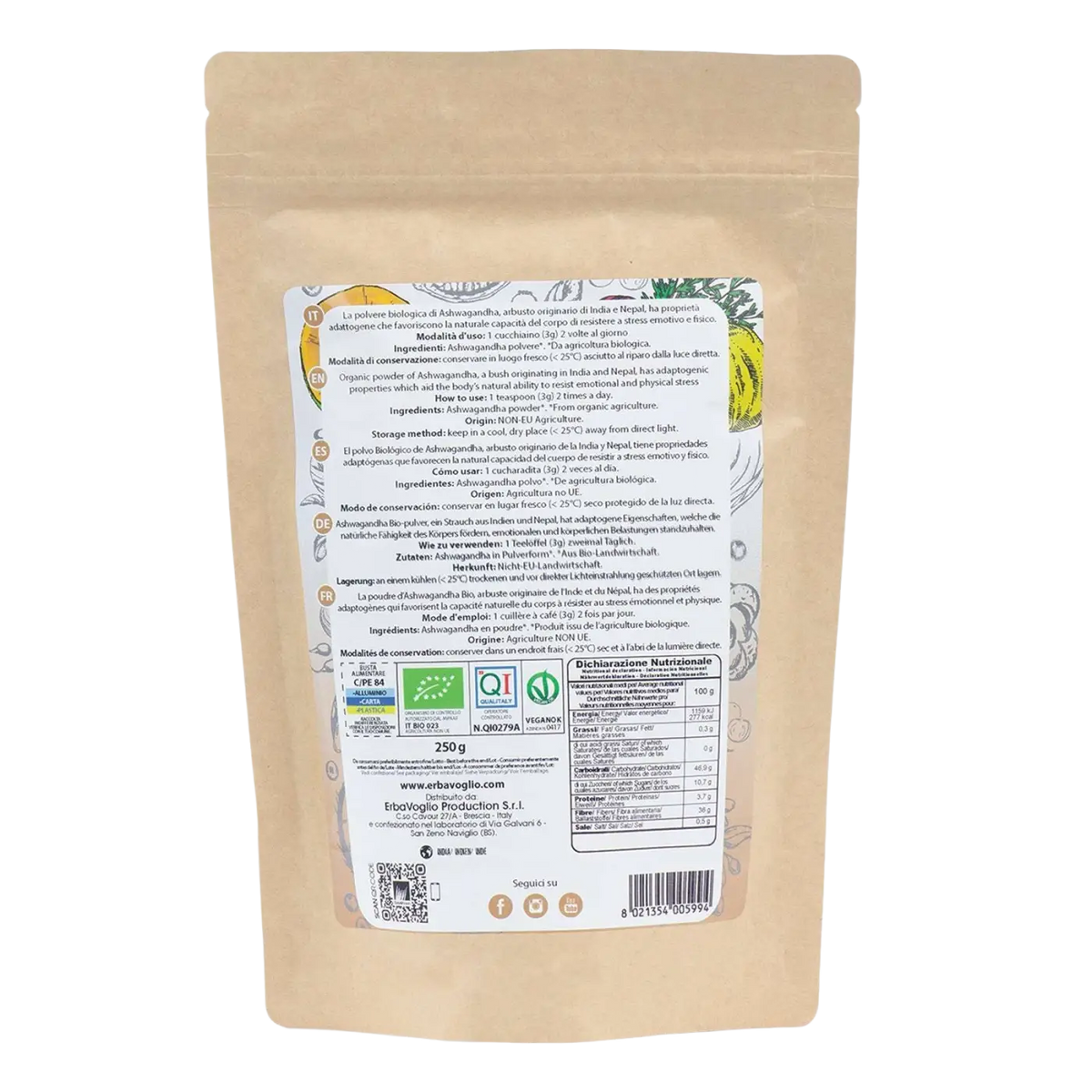 Bio-Ashwagandha-Pulver von Erbavoglio, 250g, für Stress, Ausdauer und Schlaf, in einer transparenten Packung