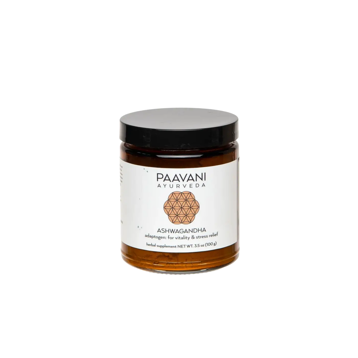 A sleek amber glass jar with a black lid containing paavani ayurveda organic ashwagandha powder supplement for energy and vitality