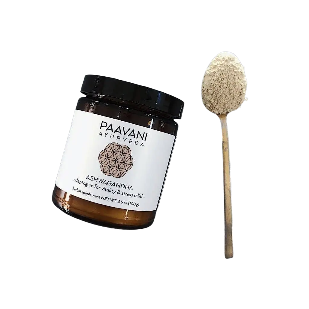 Bio ashwagandha pulver in einem bernsteinfarbenen glas mit schwarzem deckel enthält 100g organisches ashwagandha pulver