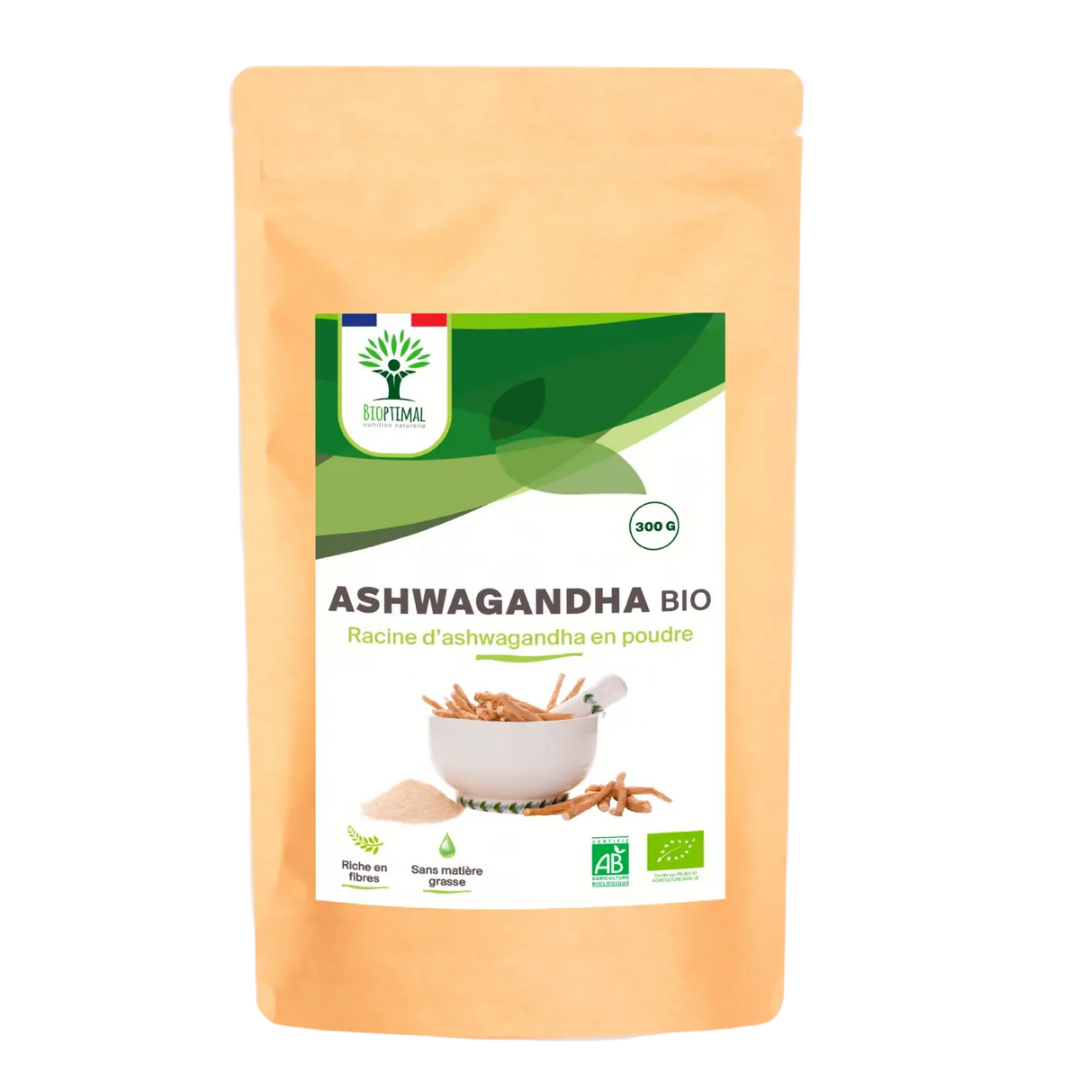 Bio-Ashwagandha-Pulver von Bioptimal in 100 g Packung, natürliches Nahrungsergänzungsmittel für mehr Kraft, Ruhe und Balance.