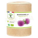 Bio bocksdorn kapseln in cylindrical braunem papierbehälter mit weißem etikett und lila distelblumen von biopotimal