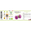 Illustration einer violetten distel auf weiß-grünem label für bio bocksdorn kapseln organischer sanddorn für natürliche unterstützung