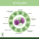 Purple distelblumen mit grünen stängeln im kreisdiagramm für bio bocksdorn kapseln natürliche unterstützung