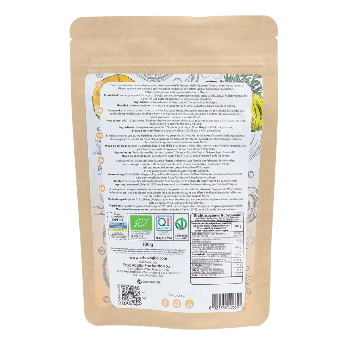Bio-Bockshornkleepulver von Erbavoglio, Nahrungsergänzung für Vitalität, Appetit, Muskelaufbau und Hautpflege, feines Pulver