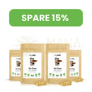 Vier beige wiederverschließbare pouches bio chaga kapseln mit organischem chaga und grünen zertifizierungsabzeichen