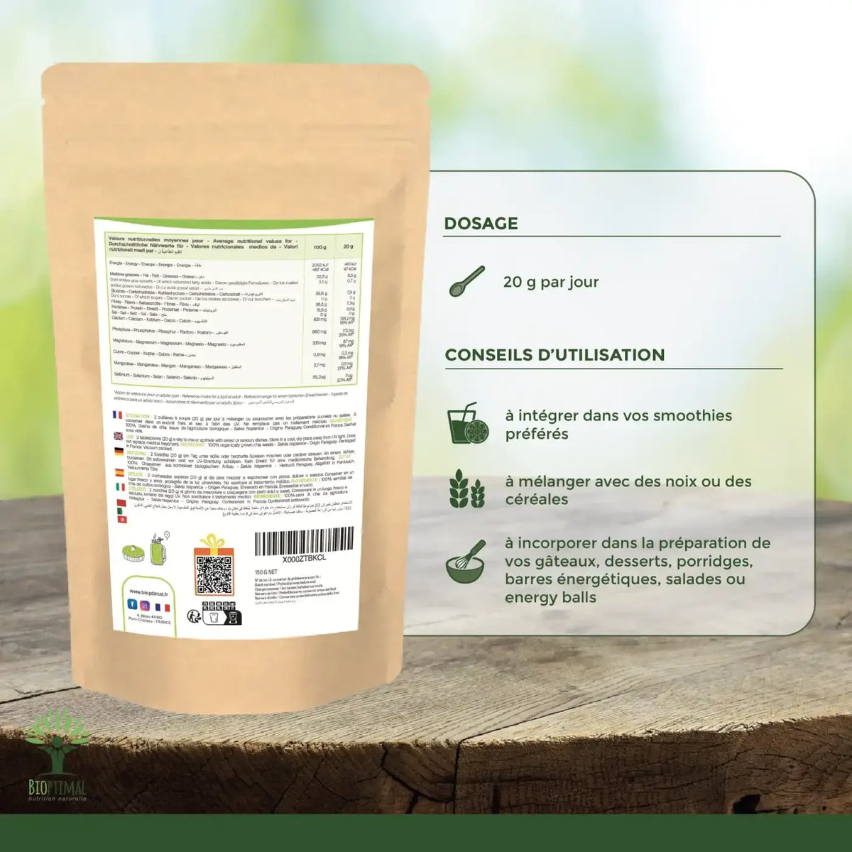 Bio-Chiasamen von Bioptimal, nährstoffreiches Superfood in 150g Packung, zeigt leere Chia-Samen in einer transparenten Verpackung.