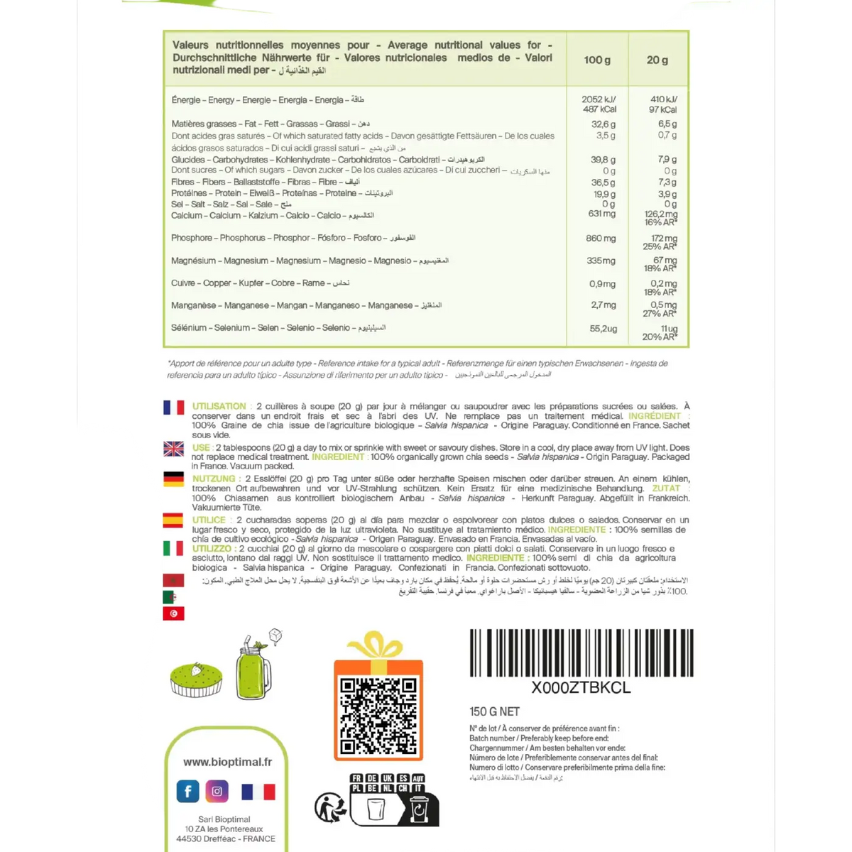 Bio-Chiasamen von Bioptimal, 150g, nährstoffreiche Superfood-Samen für gesunde Ernährung, in einer transparenten Verpackung