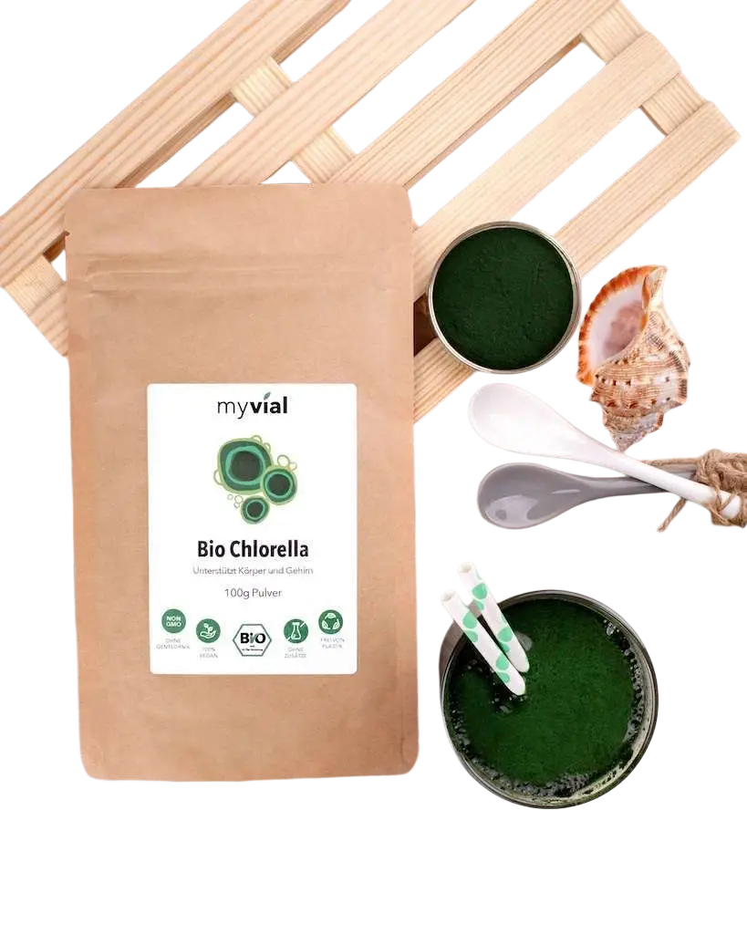 Bio Chlorella Pulver von myvial, 100 g, veganes Nahrungsergänzungsmittel aus Chlorella Vulgaris in grüner Pulvermischung