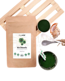 Braune papiertüte myvial bio chlorella mit 100g grünem bio chlorella pulver chlorella vulgaris vegan