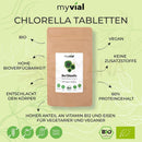 Myvial bio chlorella tabletten braune pouch mit weißem etikett vegan organisch proteinreich erhältlich im mana shop