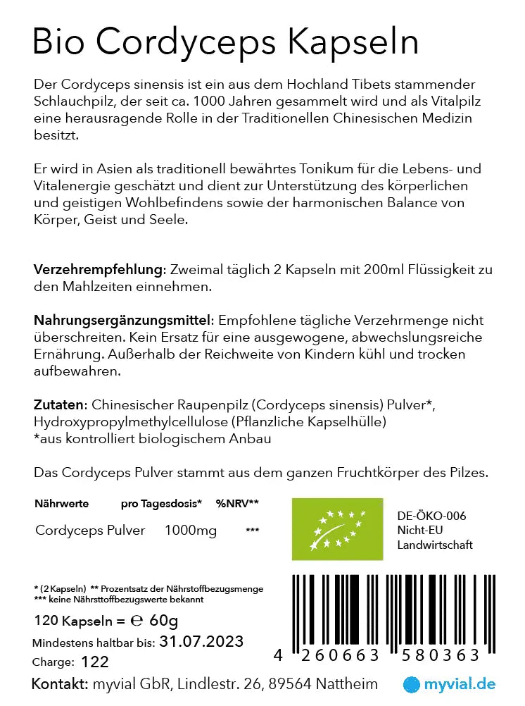 Bio Cordyceps Kapseln von myvial, 120 vegane Vitalpilze mit 1000 mg für natürliche Nahrungsergänzung.