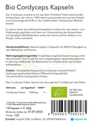 Bio cordyceps kapseln 120 stück vegane kapseln 1000 mg in weiß-grüner verpackung mit bio-zertifikat und nährwertangaben