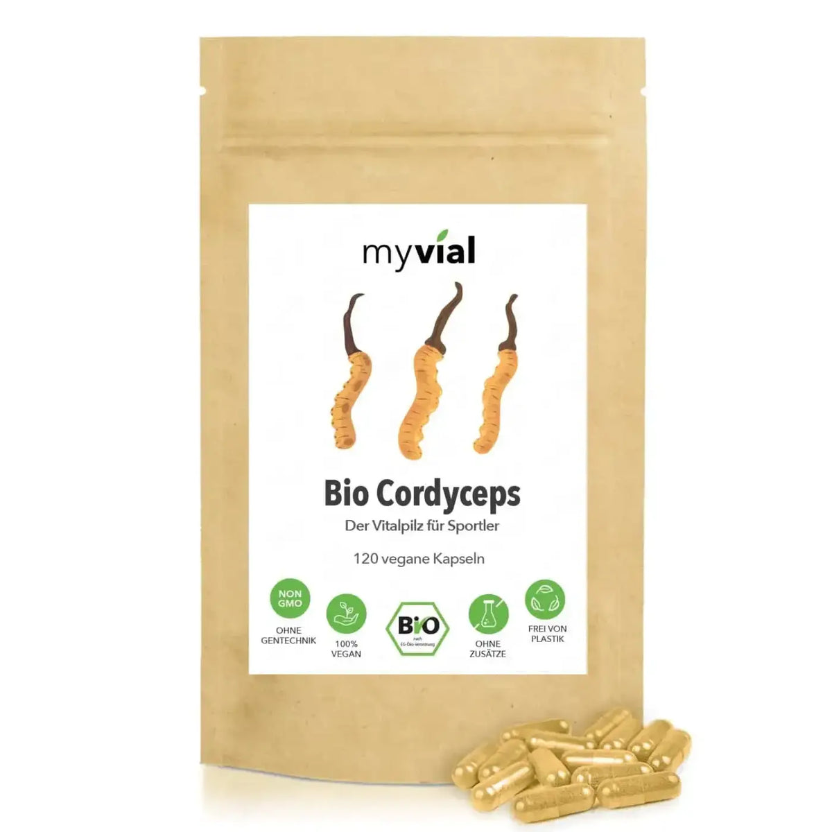 Bio Cordyceps Kapseln von myvial, vegane Vitalpilze Nahrungsergänzung, 120 Stück, 1000 mg, in einer Packung