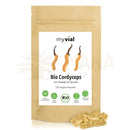 Braune wiederverschließbare myvial bio cordyceps kapseln tagespackung mit veganen 1000 mg cordyceps sinensis und militaris