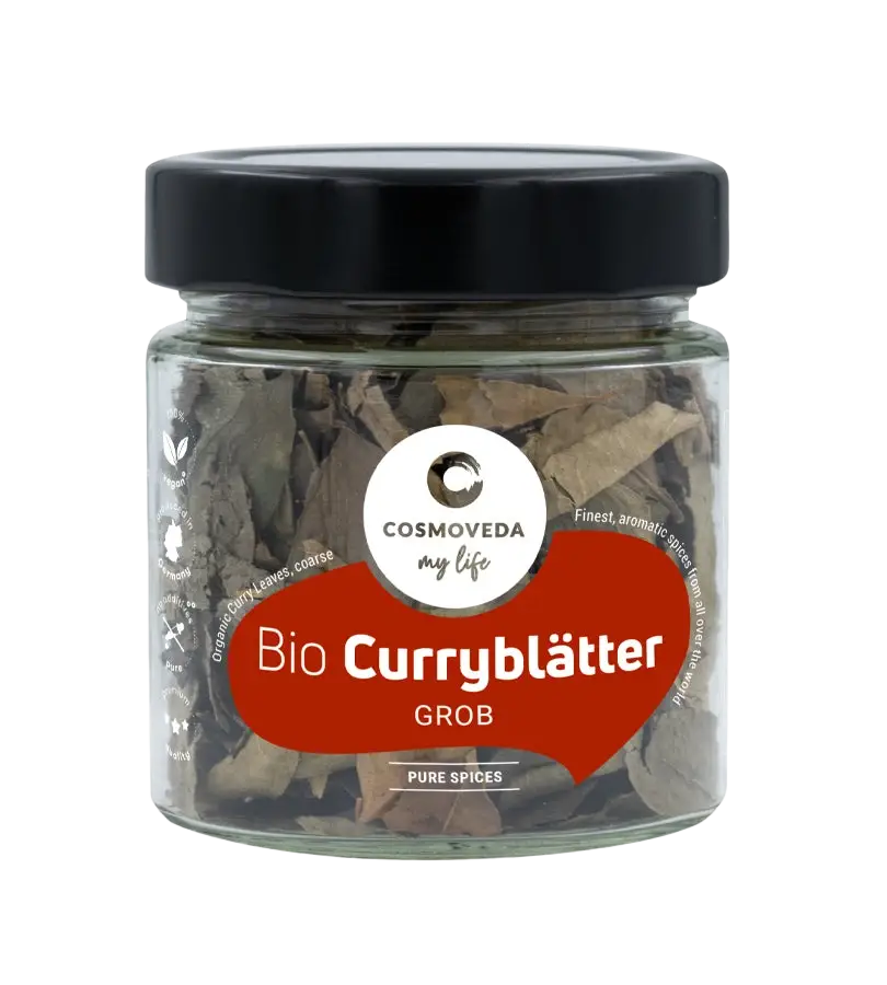 Bio Curry Blätter von Cosmoveda, antioxidantienreiches Gewürz für Verdauung und Stoffwechsel, in frischer, grüner Darstellung.