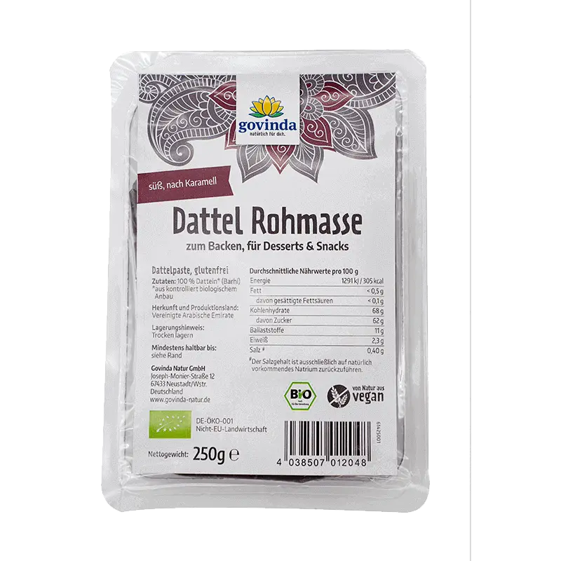 Bio dattel rohmasse 250g von govinda in weiß und bordeaux mit kontrolliert biologischem anbau und natürliche süsse aus mana shop
